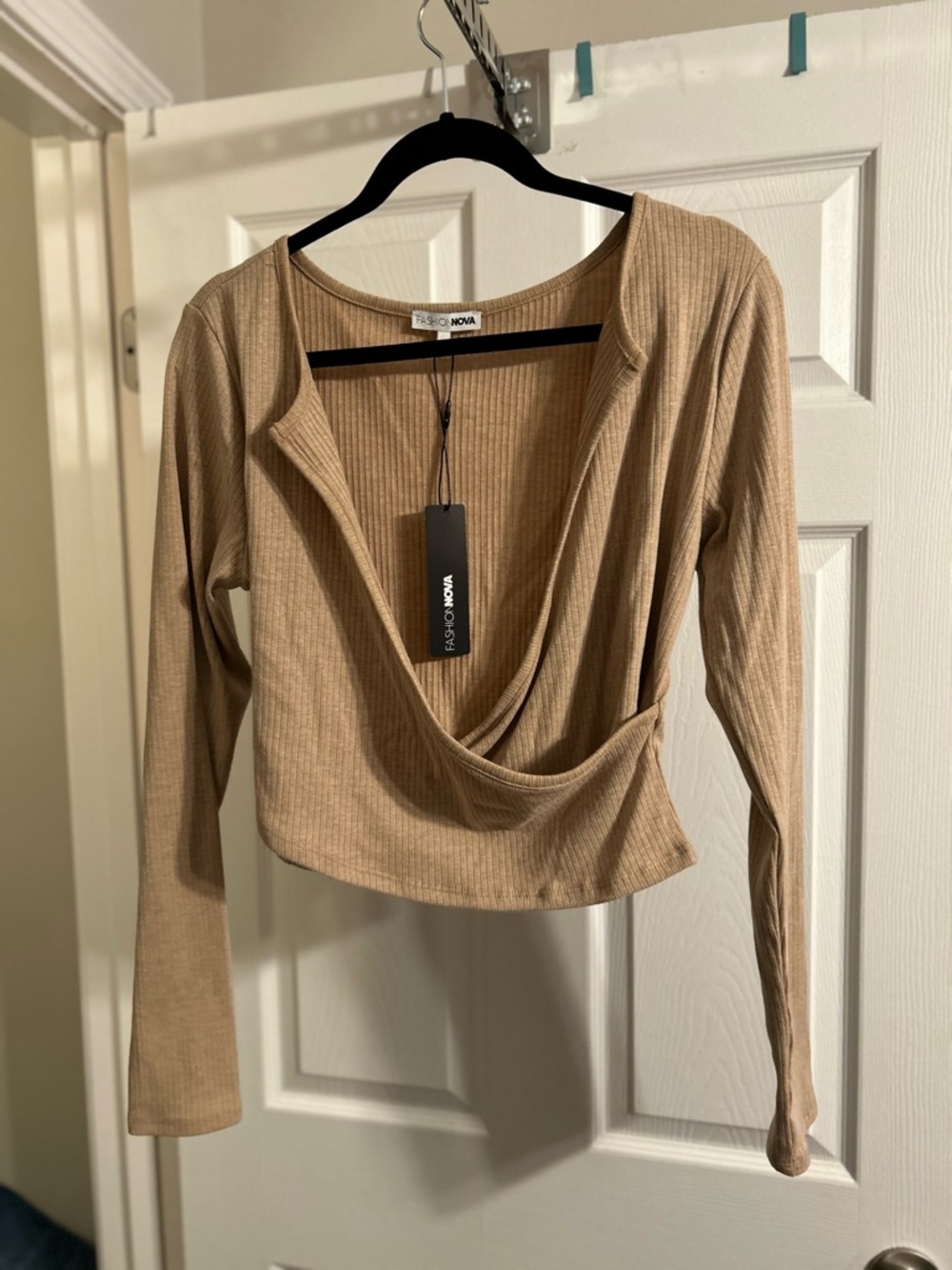 Fashion Nova Tan Ribbed Draped Crop Top
